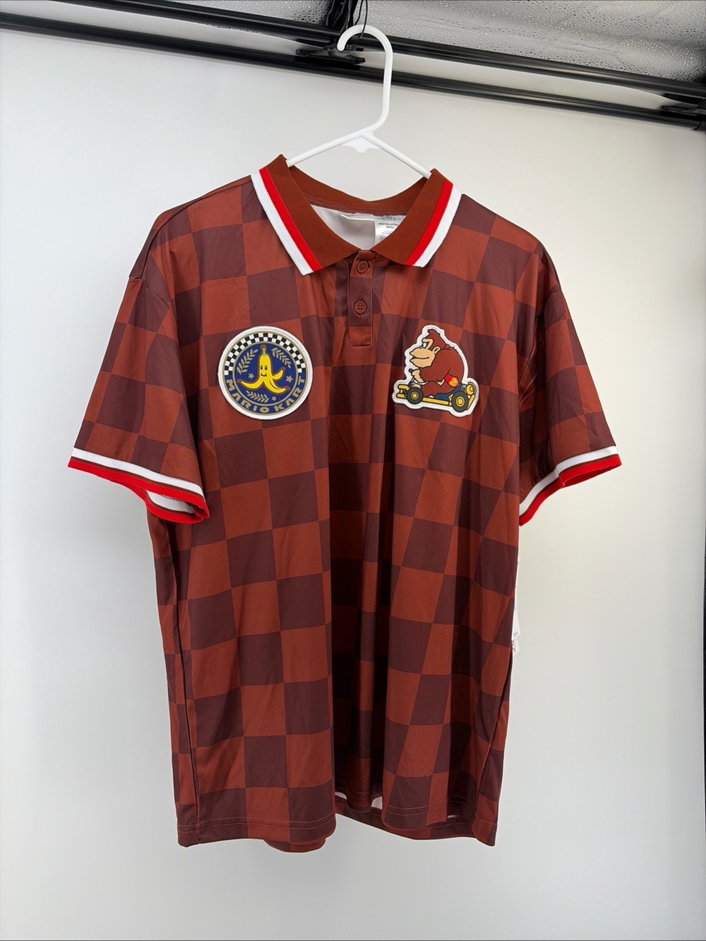 Mario Kart Men’s Brown Checkered Sport Polo- Donkey Kong- Size Small- NWT